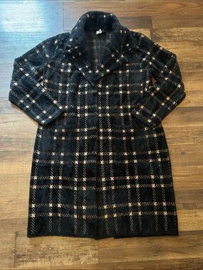 Cyrus Plaid Fuzzy Longline Sweater Coatigan Jacket Black Tan Size Large